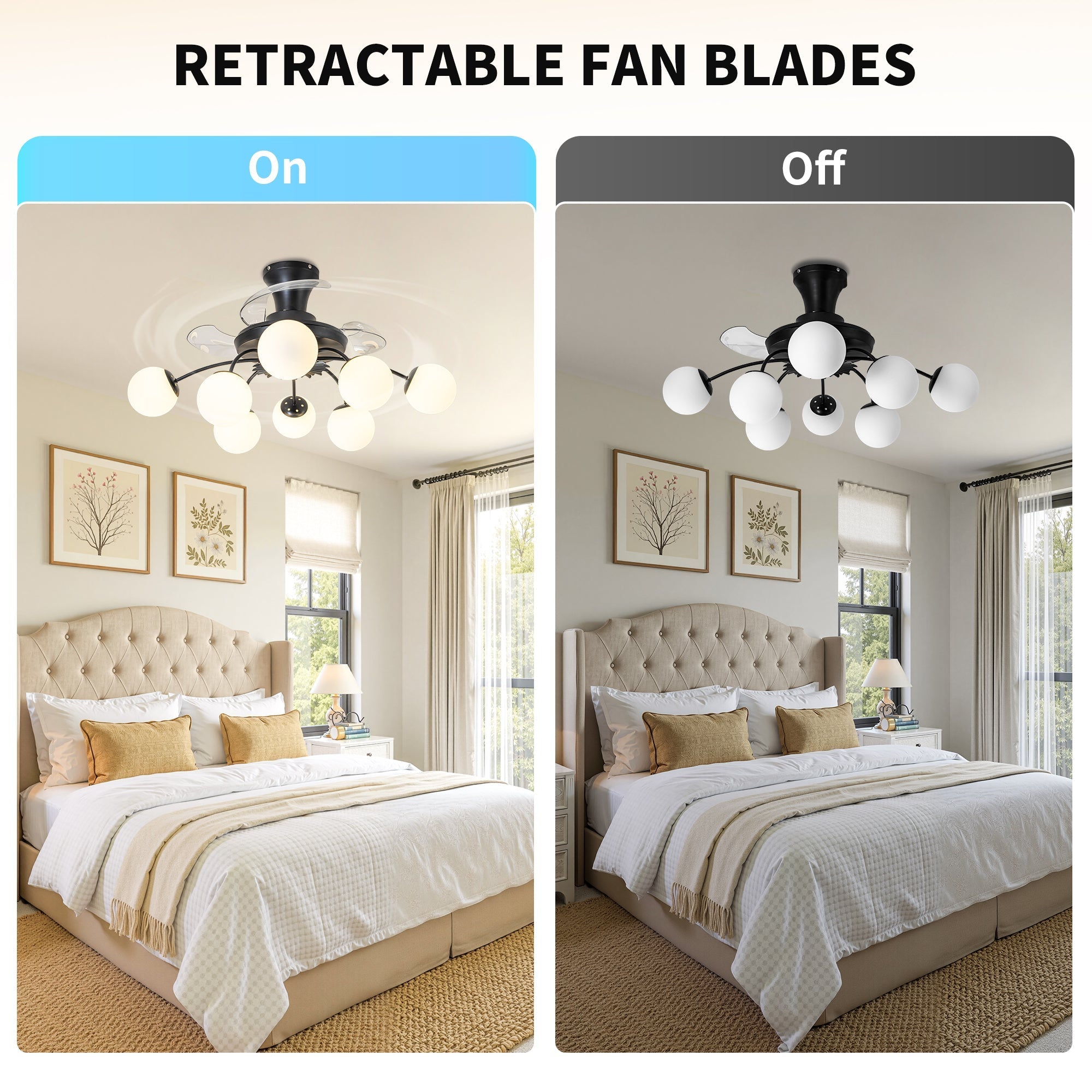 Modern Black Chandelier Fan with 8 Globe Lights & Remote - BeyPan