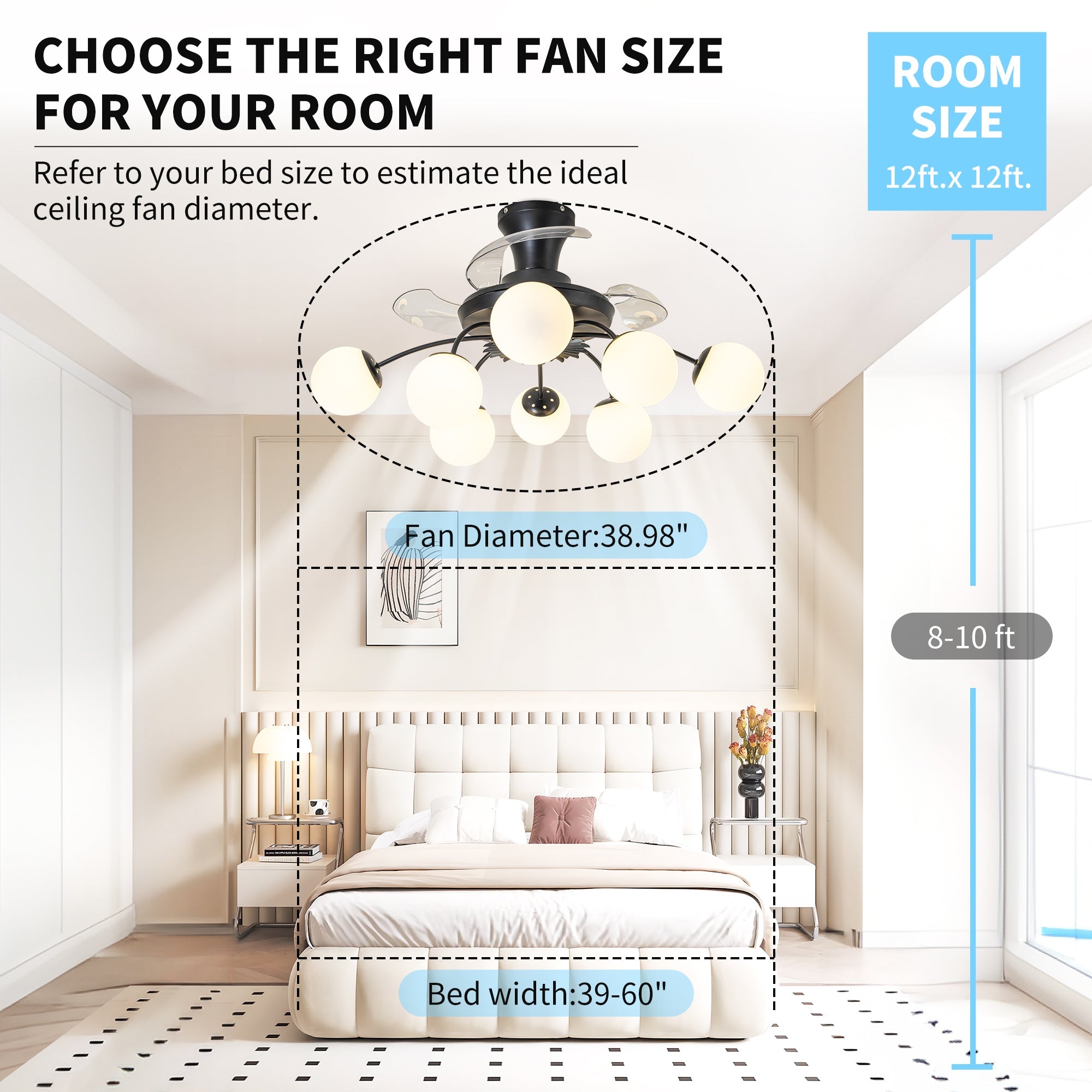 Modern Black Chandelier Fan with 8 Globe Lights & Remote - BeyPan