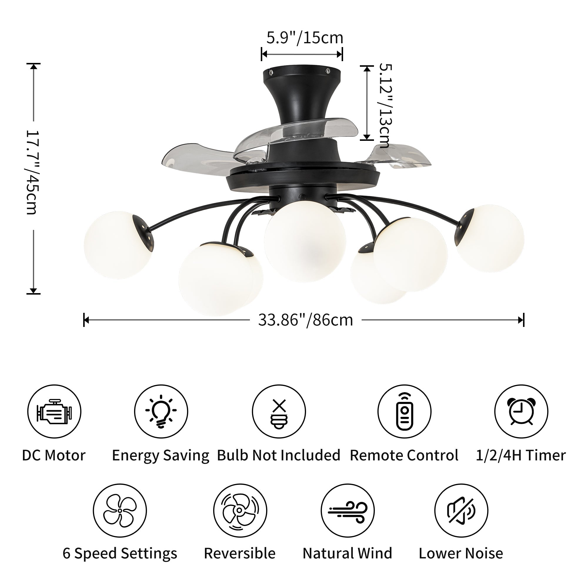 Modern Black Chandelier Fan with 8 Globe Lights & Remote - BeyPan