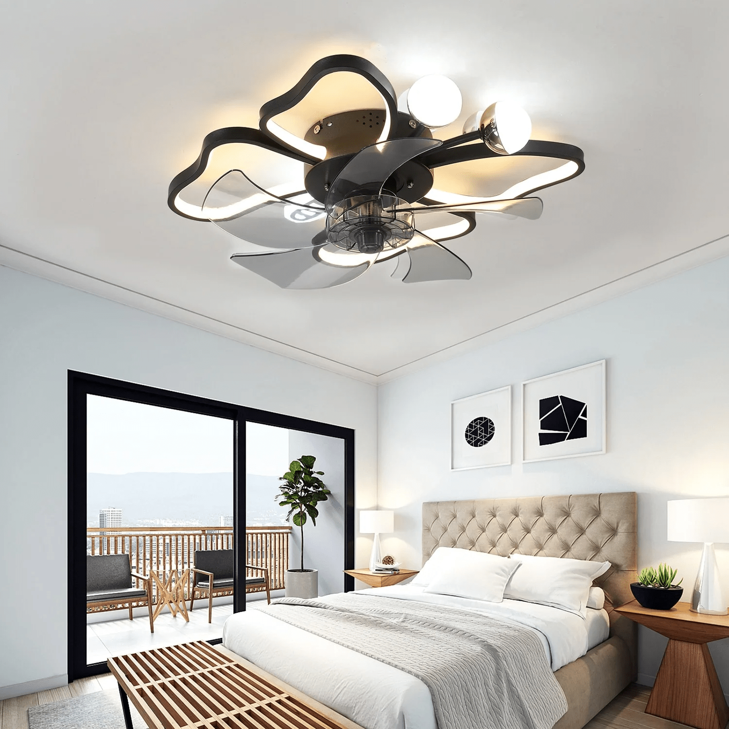 Modern Black Flush Mount Ceiling Fan with Light & Remote - BeyPan