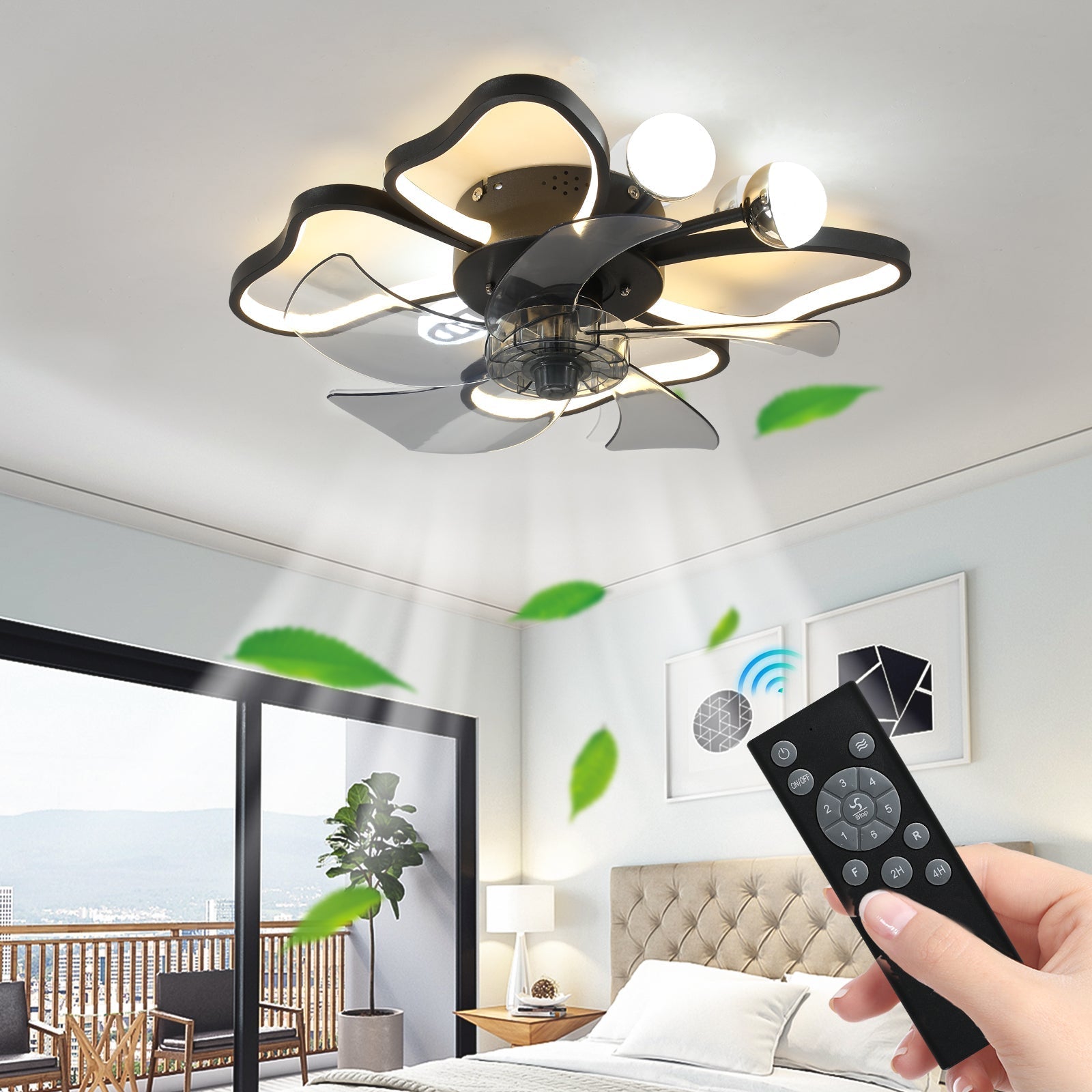 Modern Black Flush Mount Ceiling Fan with Light & Remote - BeyPan
