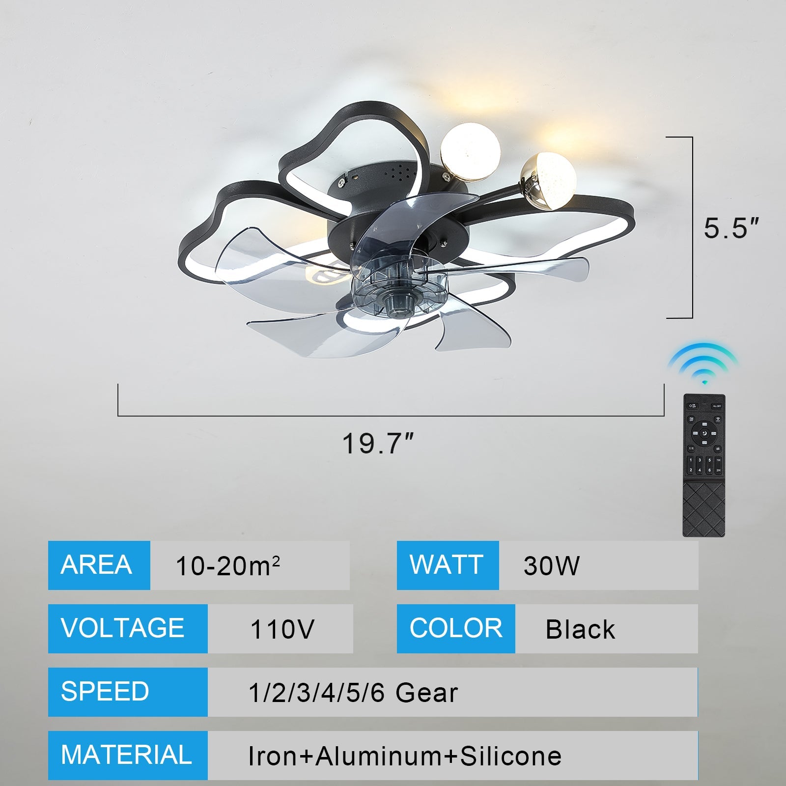 Modern Black Flush Mount Ceiling Fan with Light & Remote - BeyPan