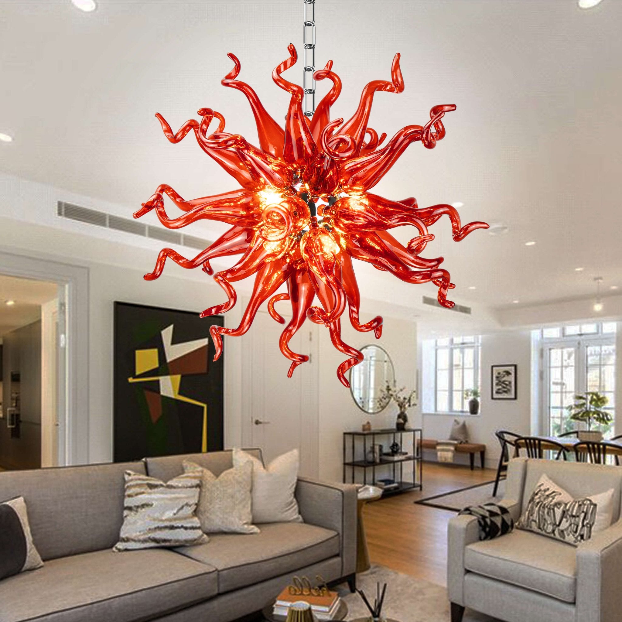 Modern Blown Glass Art Chandelier - Fiery Red Lighting - BeyPan
