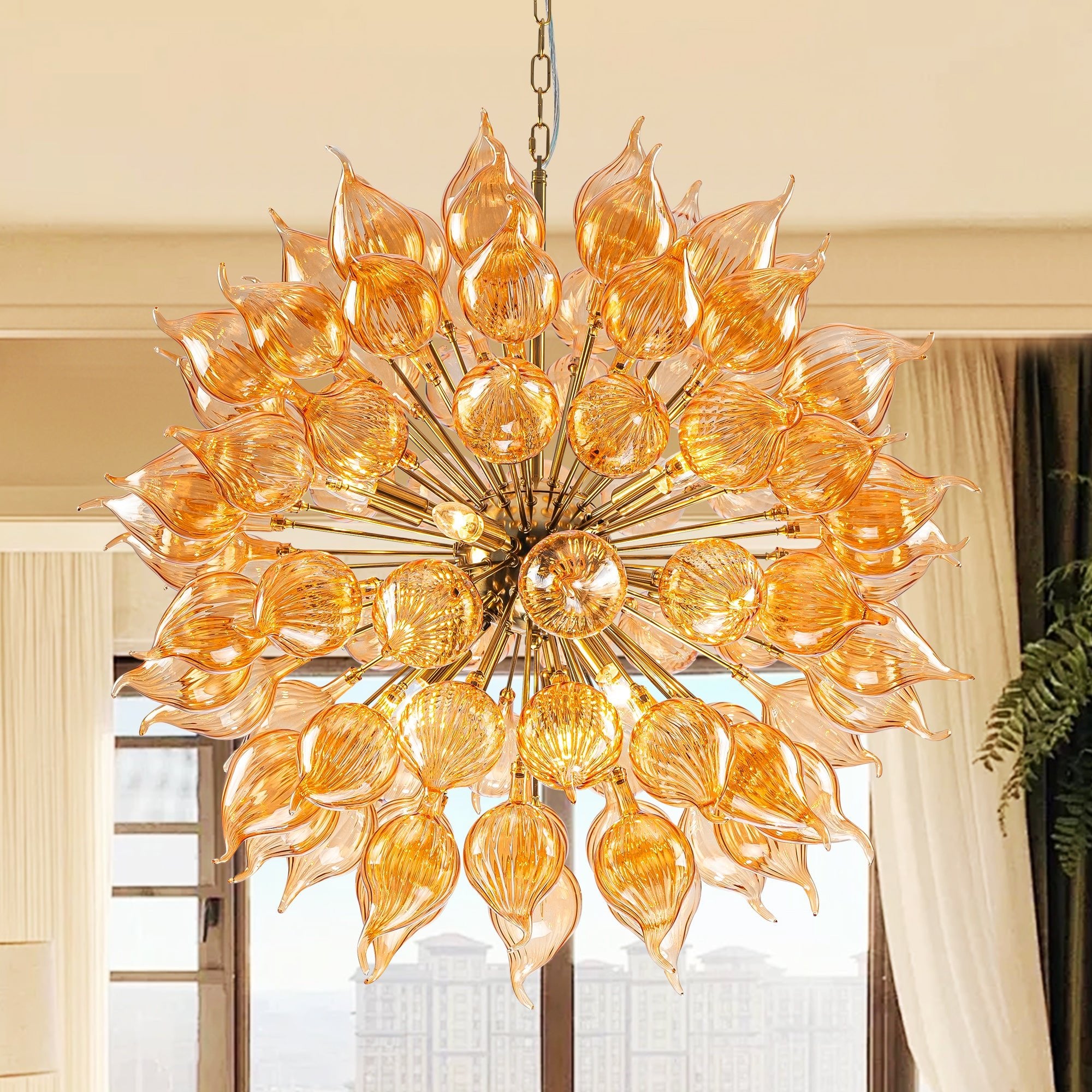 Modern Blown Glass Chandelier Golden Amber Flame Burst | Artistic Statement Lighting - BeyPan