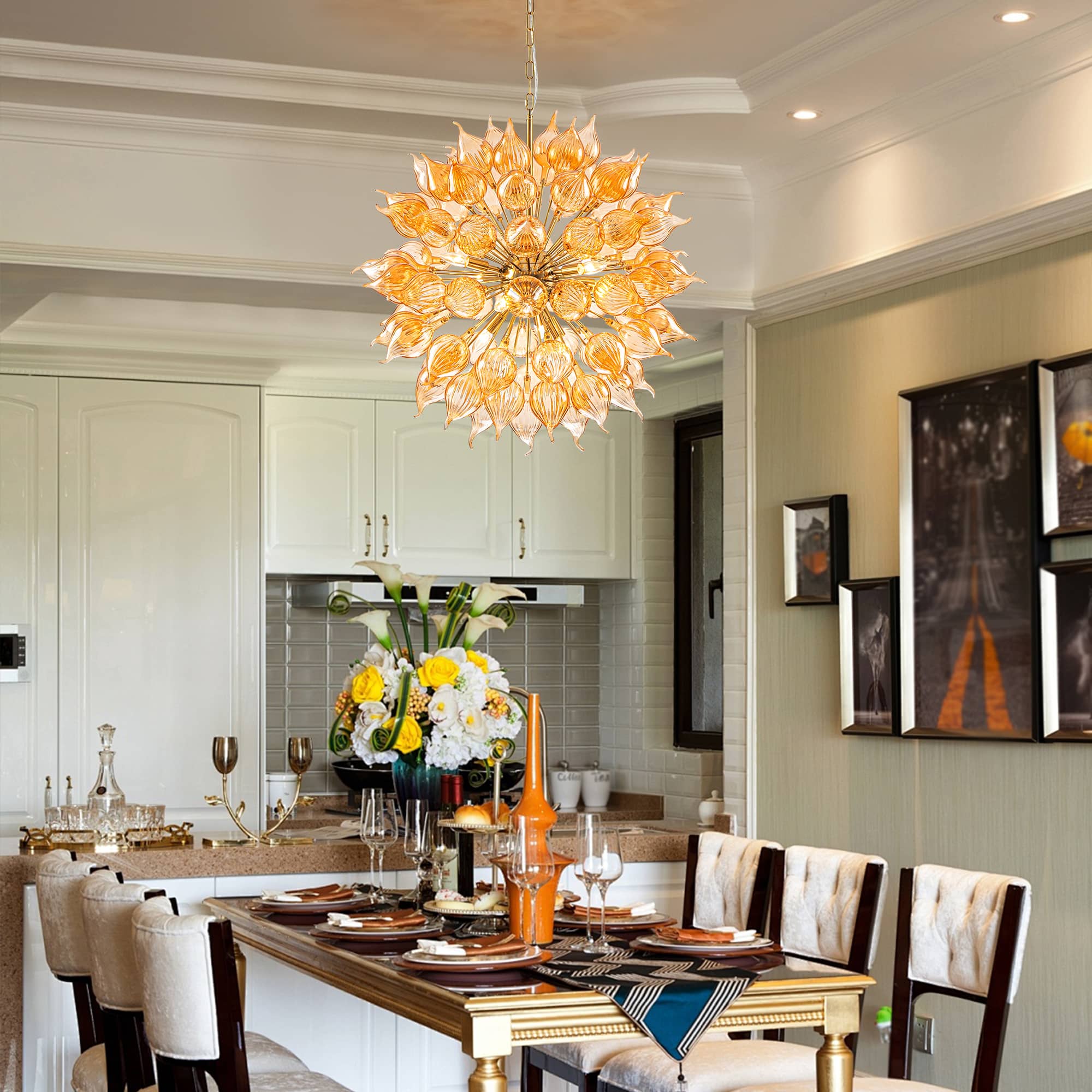 Modern Blown Glass Chandelier Golden Amber Flame Burst | Artistic Statement Lighting - BeyPan