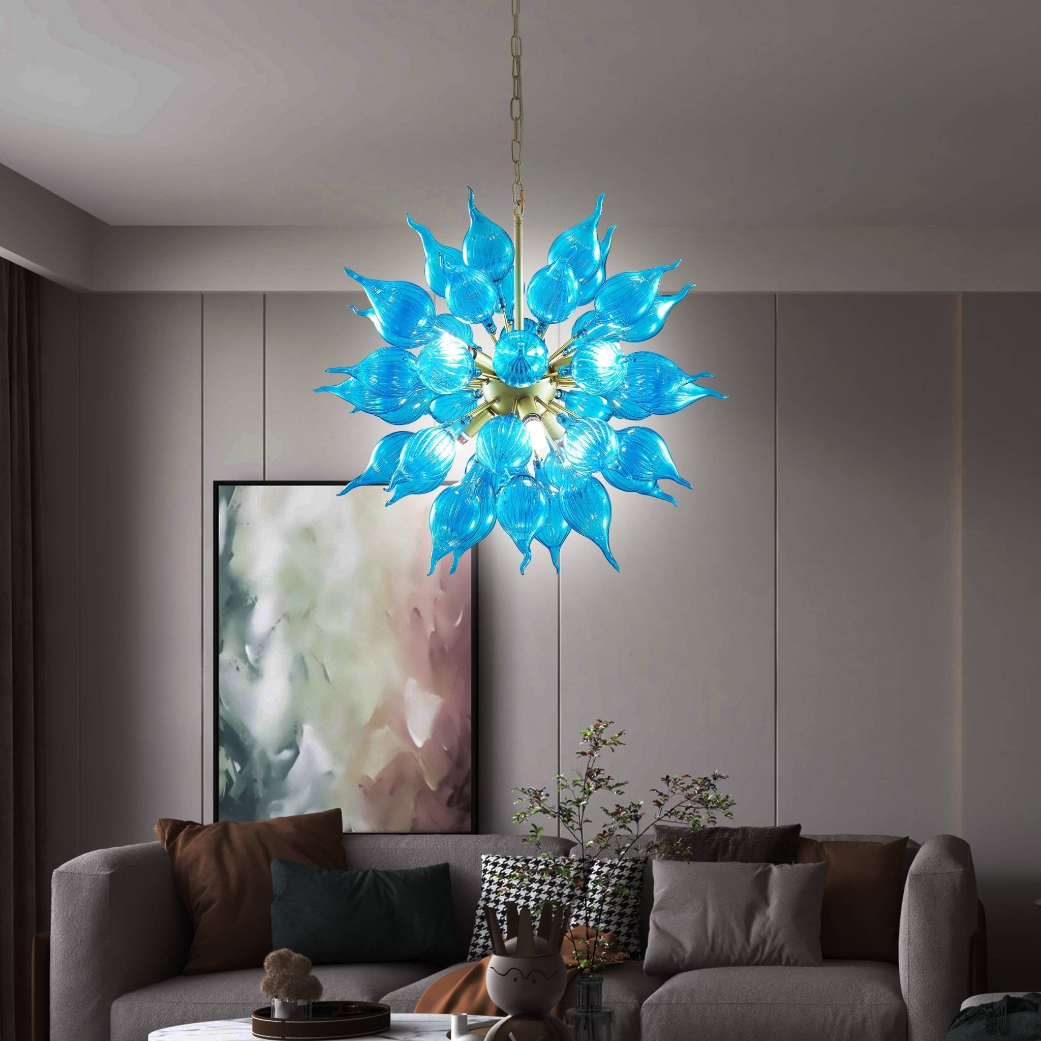 Modern Blown Glass Chandelier – Sky Blue Flame Burst Design - BeyPan