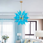 Modern Blown Glass Chandelier – Sky Blue Flame Burst Design - BeyPan