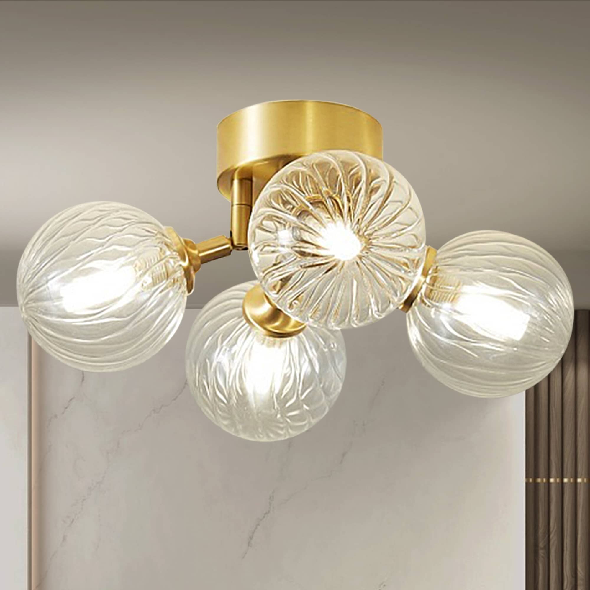 Modern Brass Semi-Flush Mount Ceiling Light - Clear Ribbed Glass Globe Bubbles - BeyPan