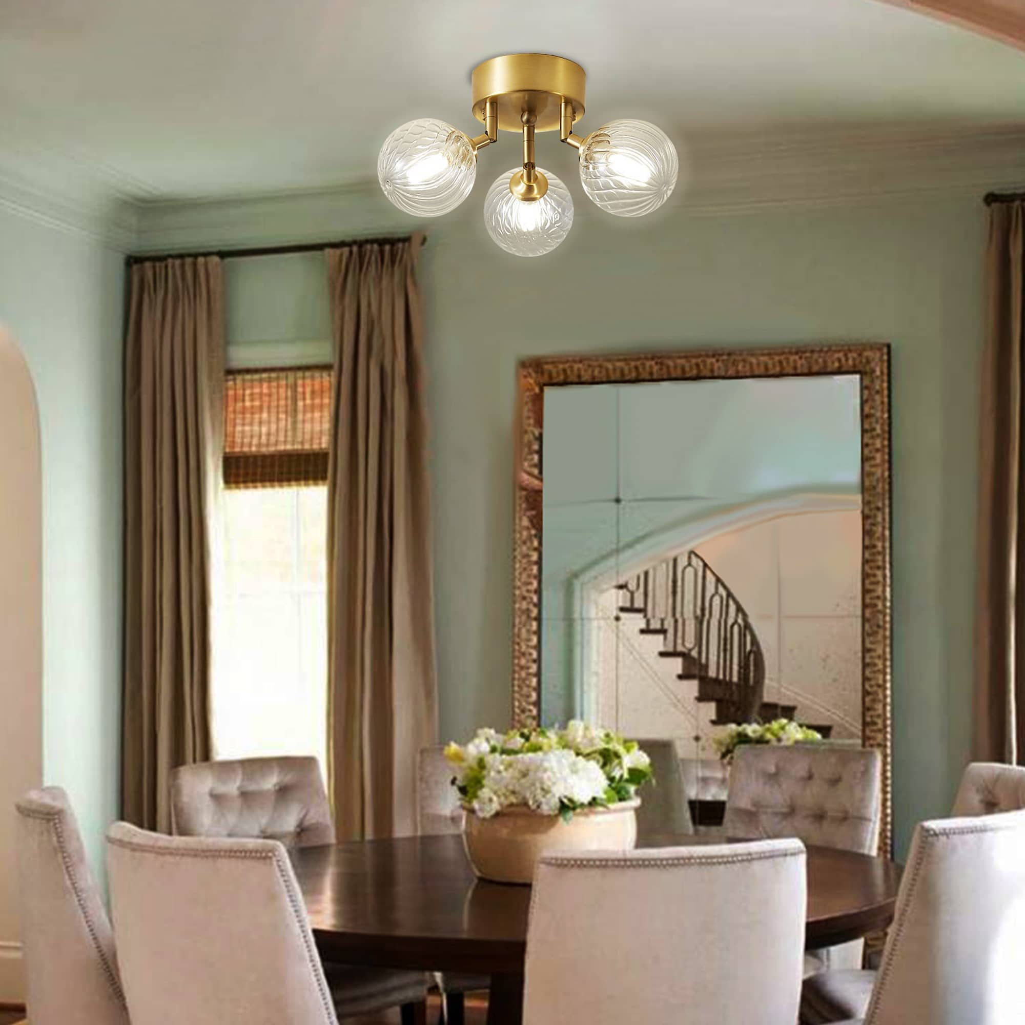 Modern Brass Semi-Flush Mount Ceiling Light - Clear Ribbed Glass Globe Bubbles Zweitbild