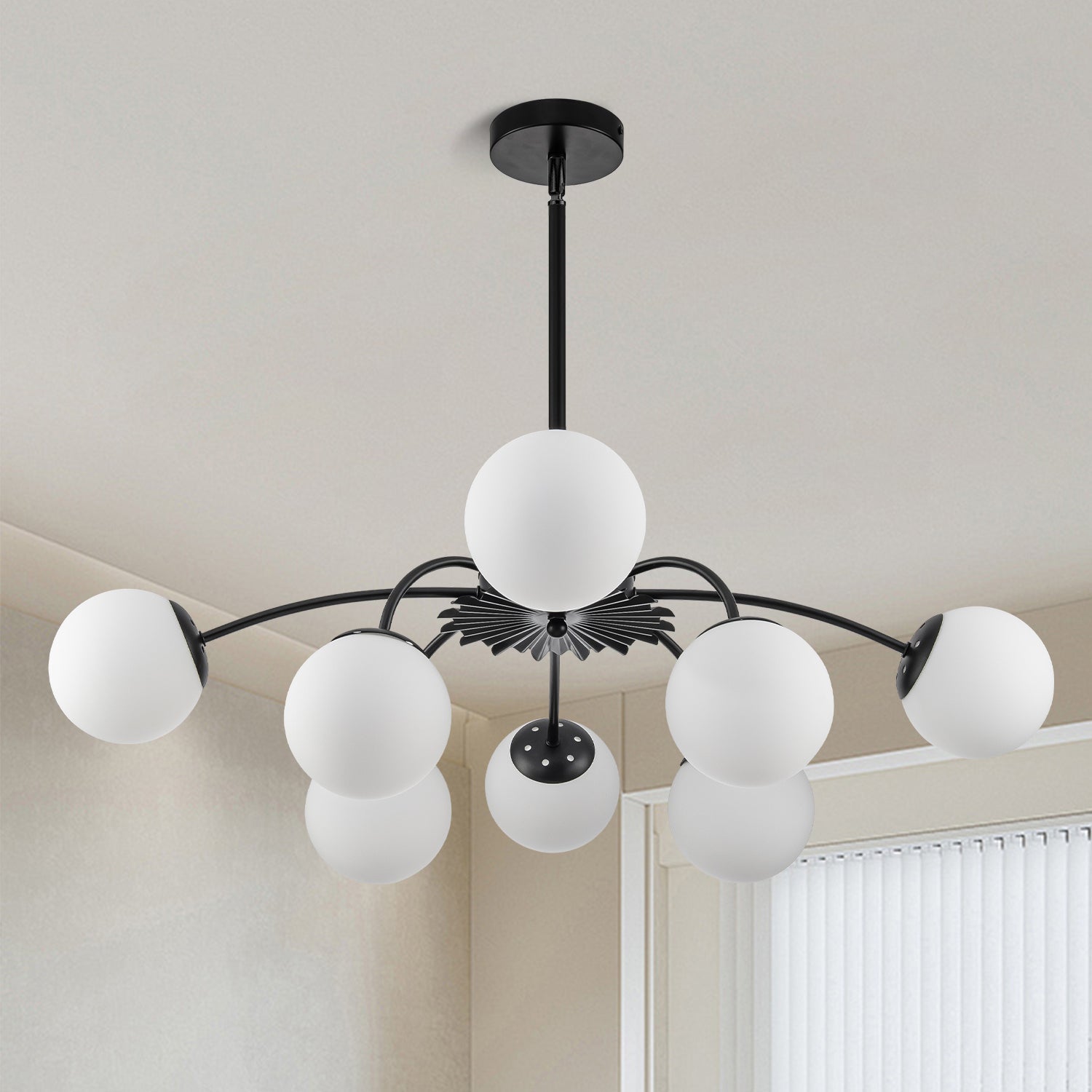 Modern Bubble Globe Chandelier 8/12-Light Black Sputnik Chandelier with Milk Glass Globes - Mid Century Art Deco Ceiling Light - BeyPan
