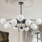 Modern Bubble Globe Chandelier 8/12-Light Black Sputnik Chandelier with Milk Glass Globes - Mid Century Art Deco Ceiling Light - BeyPan