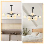 Modern Bubble Globe Chandelier 8/12-Light Black Sputnik Chandelier with Milk Glass Globes - Mid Century Art Deco Ceiling Light - BeyPan