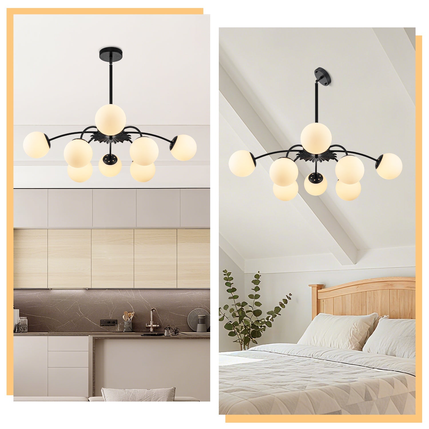 Modern Bubble Globe Chandelier 8/12-Light Black Sputnik Chandelier with Milk Glass Globes - Mid Century Art Deco Ceiling Light - BeyPan
