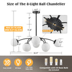 Modern Bubble Globe Chandelier 8/12-Light Black Sputnik Chandelier with Milk Glass Globes - Mid Century Art Deco Ceiling Light - BeyPan