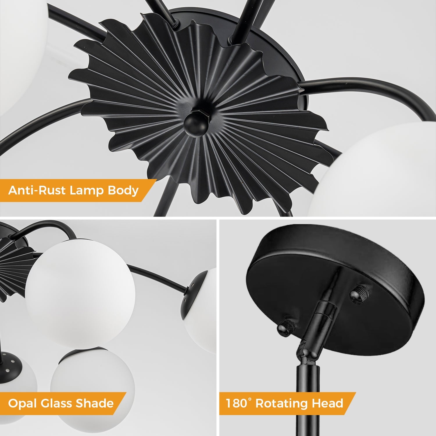 Modern Bubble Globe Chandelier 8/12-Light Black Sputnik Chandelier with Milk Glass Globes - Mid Century Art Deco Ceiling Light - BeyPan