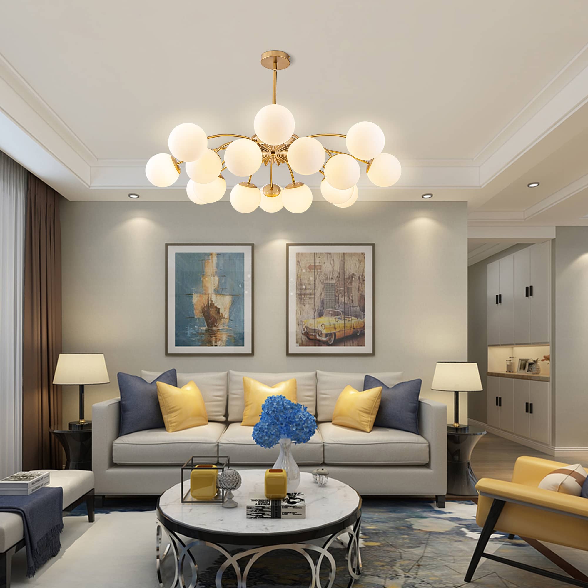 Modern Bubble Globe Chandelier – Gold Frame Frosted Glass Pendant - BeyPan