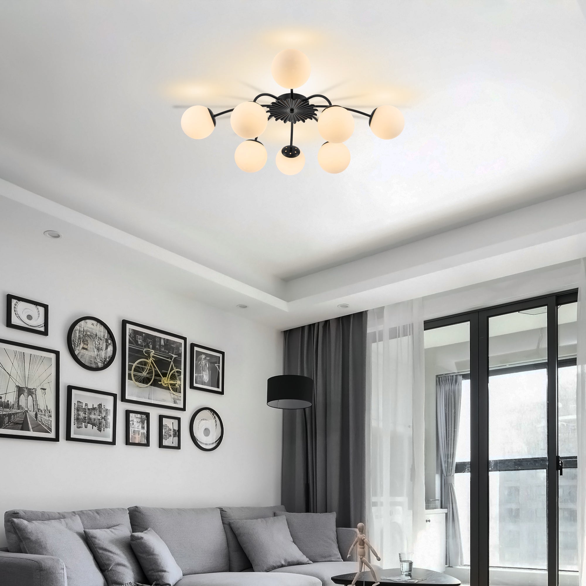 Modern Frosted Glass Bubble Globe Black Semi-Flush Mount Ceiling Light Fixture - BeyPan