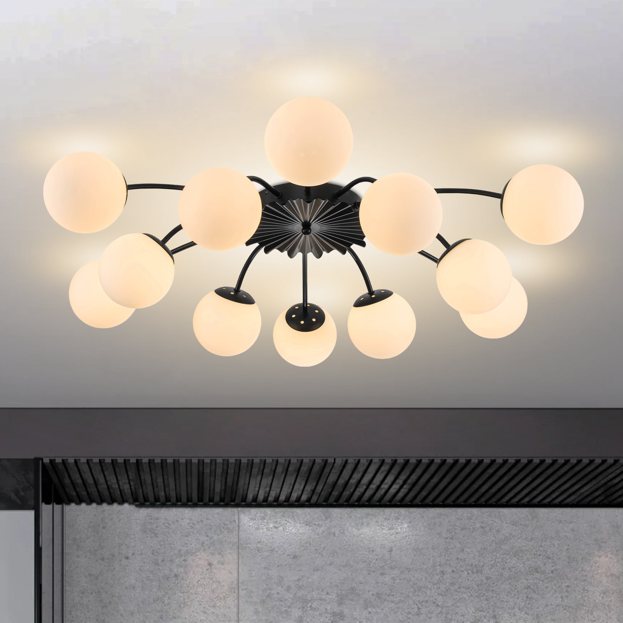 Modern Frosted Glass Bubble Globe Black Semi-Flush Mount Ceiling Light Fixture - BeyPan