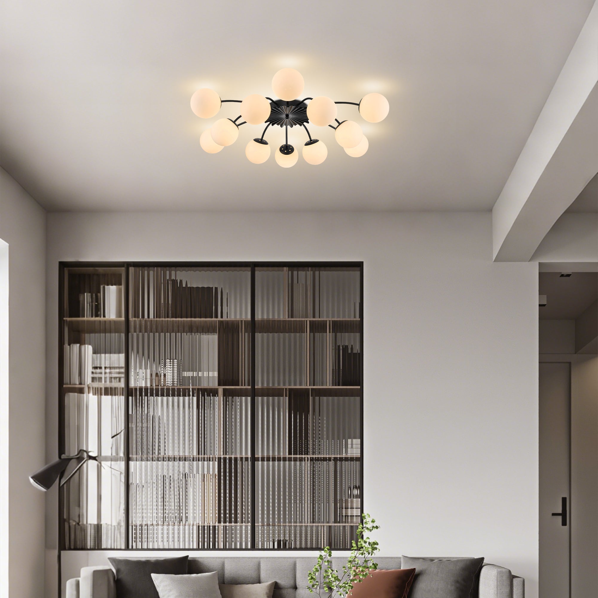 Modern Frosted Glass Bubble Globe Black Semi-Flush Mount Ceiling Light Fixture - BeyPan