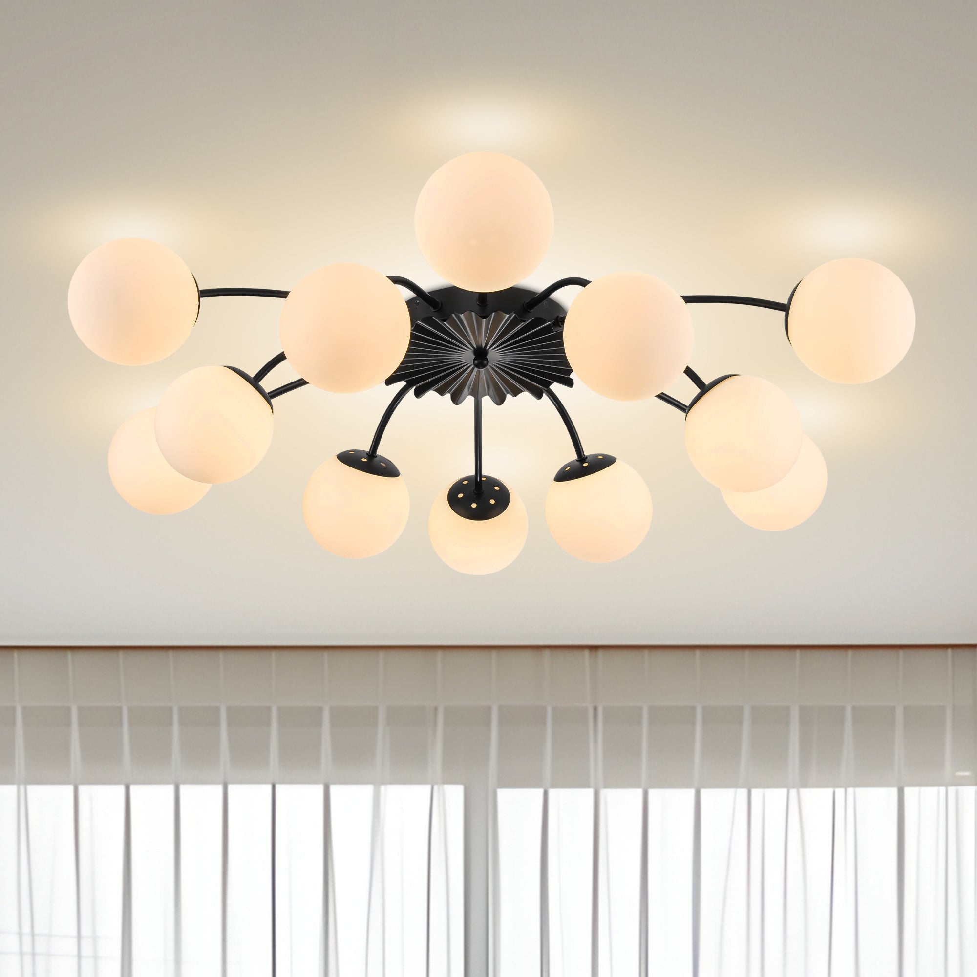 Modern Frosted Glass Bubble Globe Black Semi-Flush Mount Ceiling Light Fixture - BeyPan