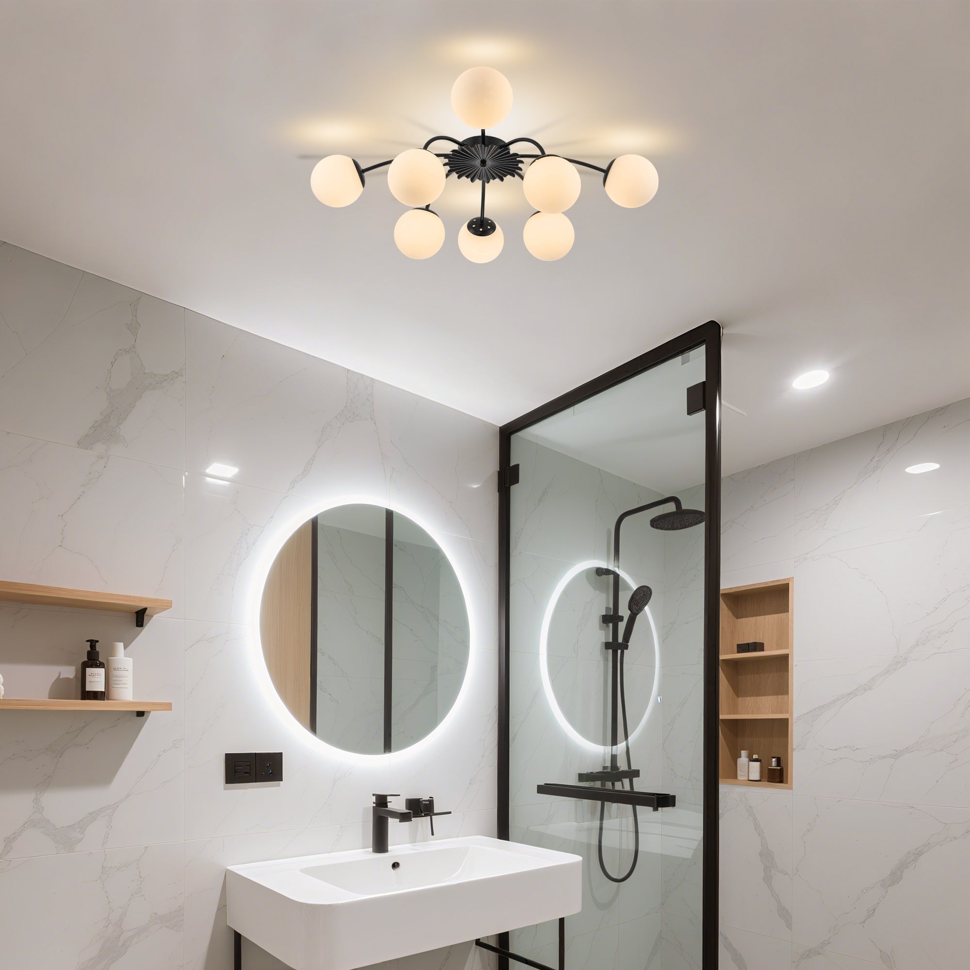Modern Frosted Glass Bubble Globe Black Semi-Flush Mount Ceiling Light Fixture - BeyPan