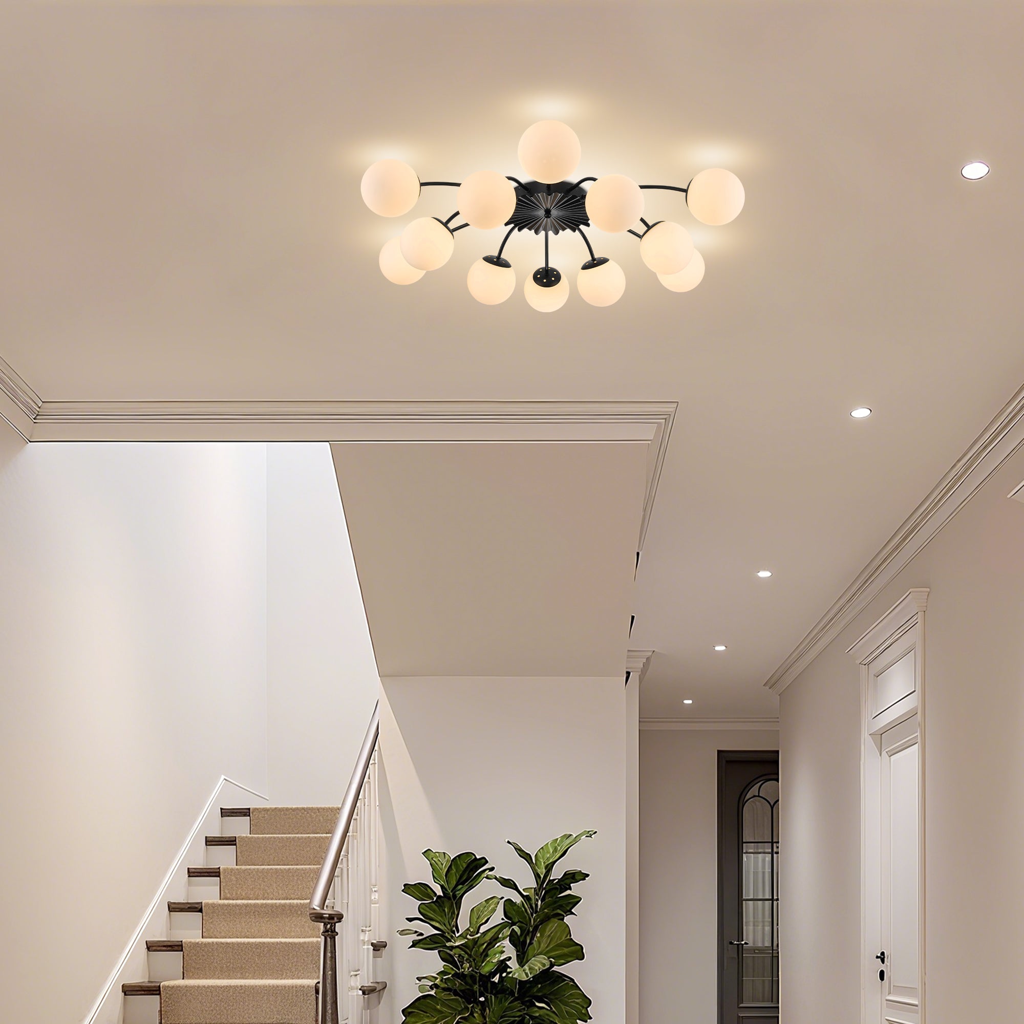 Modern Frosted Glass Bubble Globe Black Semi-Flush Mount Ceiling Light Fixture - BeyPan
