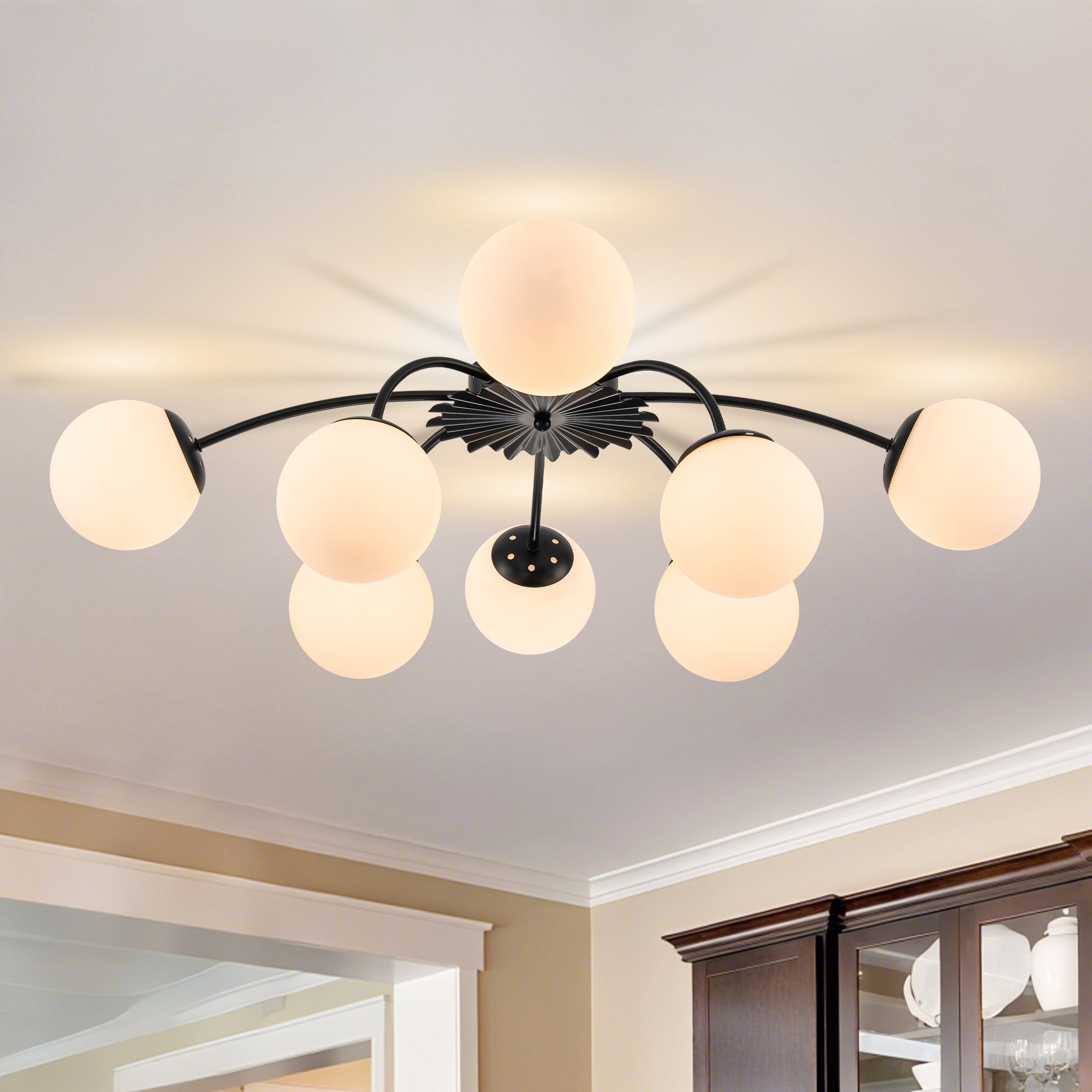 Modern Frosted Glass Bubble Globe Black Semi-Flush Mount Ceiling Light Fixture - BeyPan
