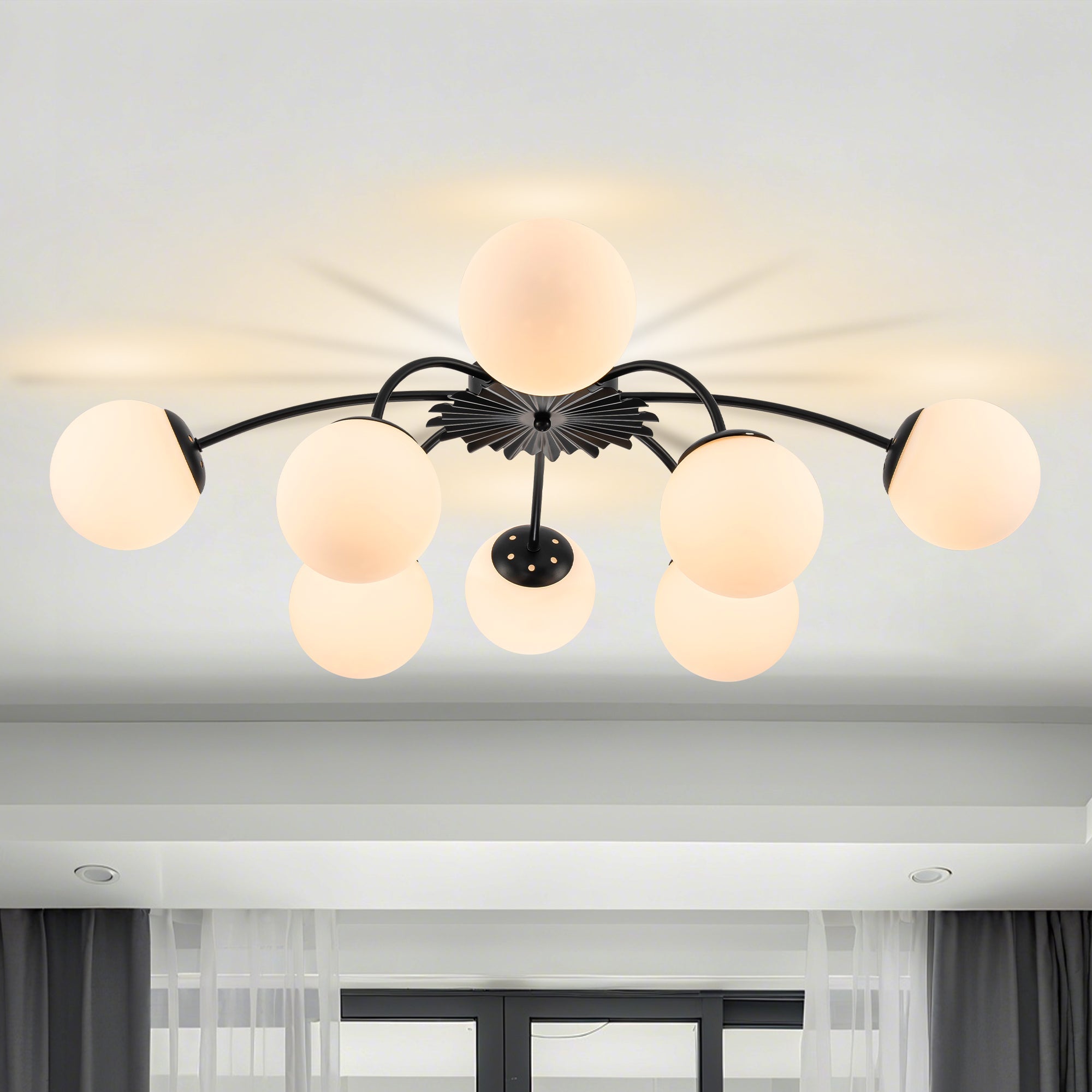 Modern Frosted Glass Bubble Globe Black Semi-Flush Mount Ceiling Light Fixture - BeyPan
