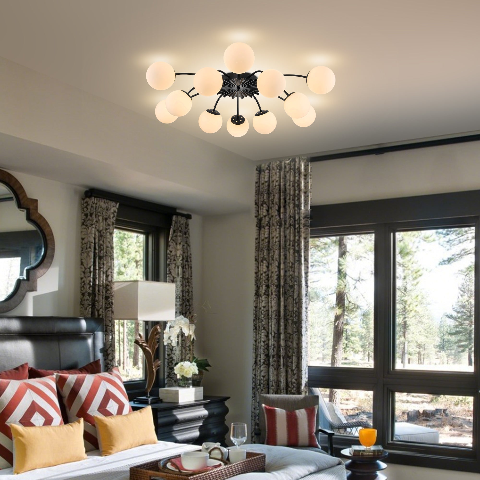 Modern Frosted Glass Bubble Globe Black Semi-Flush Mount Ceiling Light Fixture - BeyPan