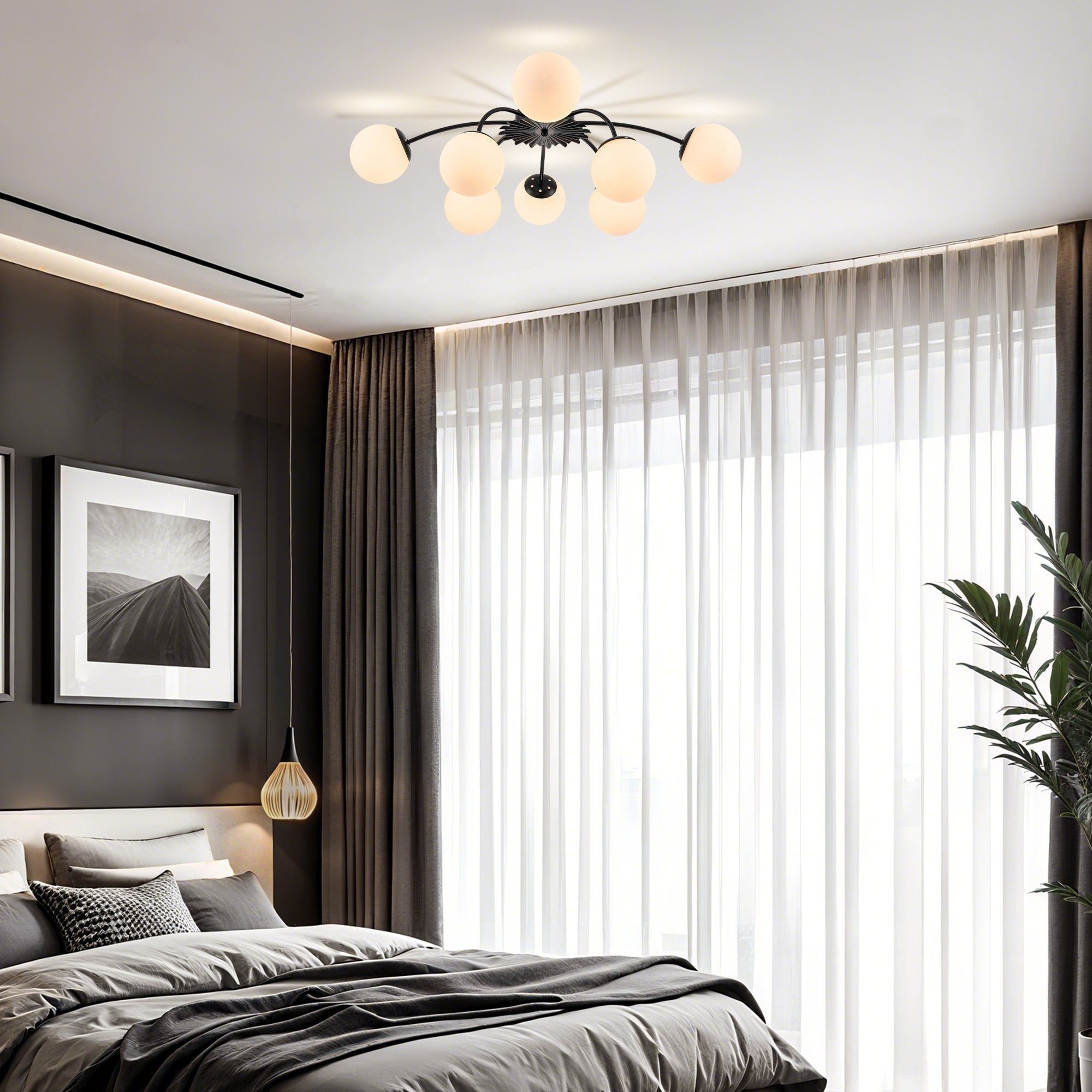 Modern Frosted Glass Bubble Globe Black Semi-Flush Mount Ceiling Light Fixture - BeyPan