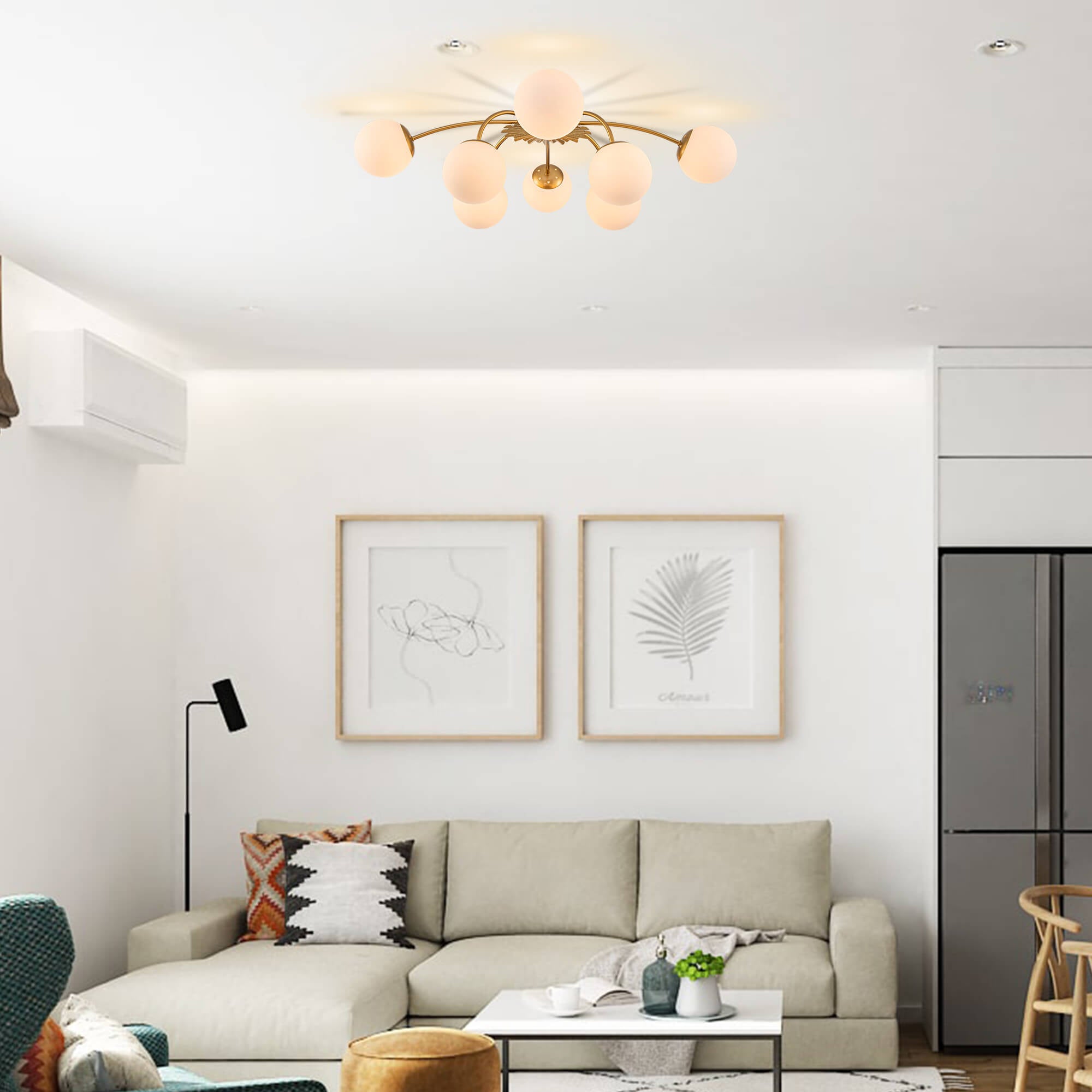 Modern Frosted Glass Bubble Globe Gold Semi-Flush Mount Ceiling Light Fixture - BeyPan