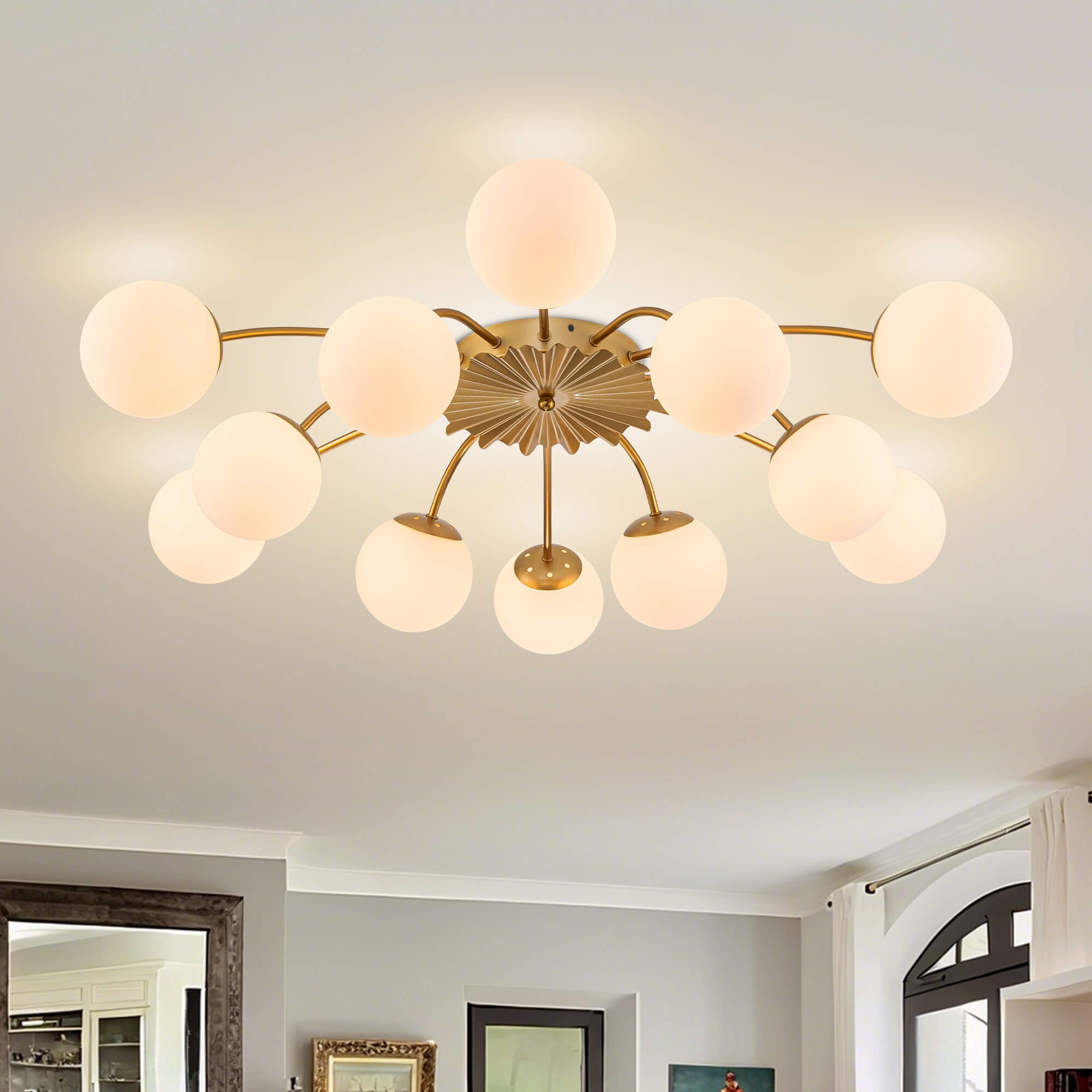 Modern Frosted Glass Bubble Globe Gold Semi-Flush Mount Ceiling Light Fixture - BeyPan