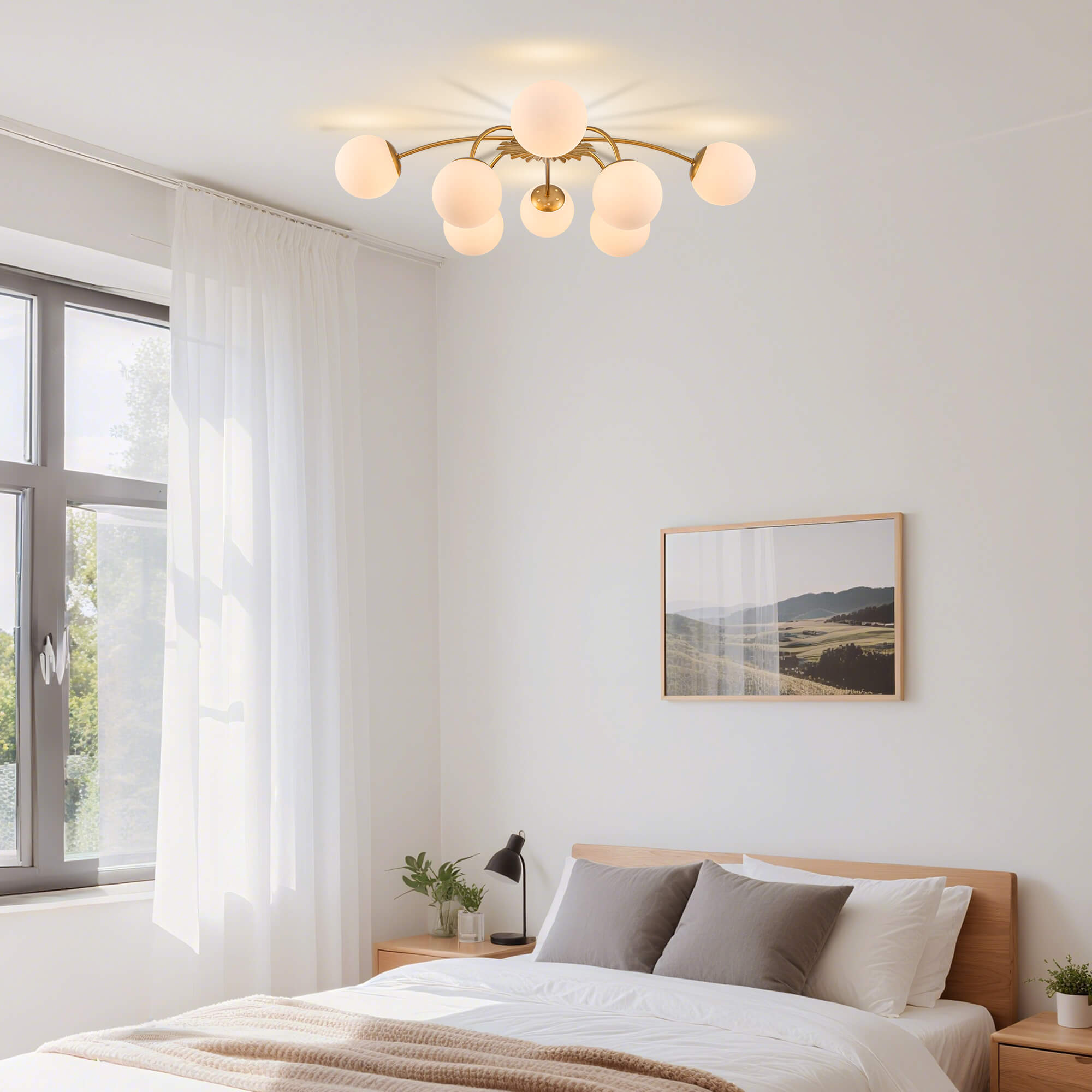 Modern Frosted Glass Bubble Globe Gold Semi-Flush Mount Ceiling Light Fixture - BeyPan