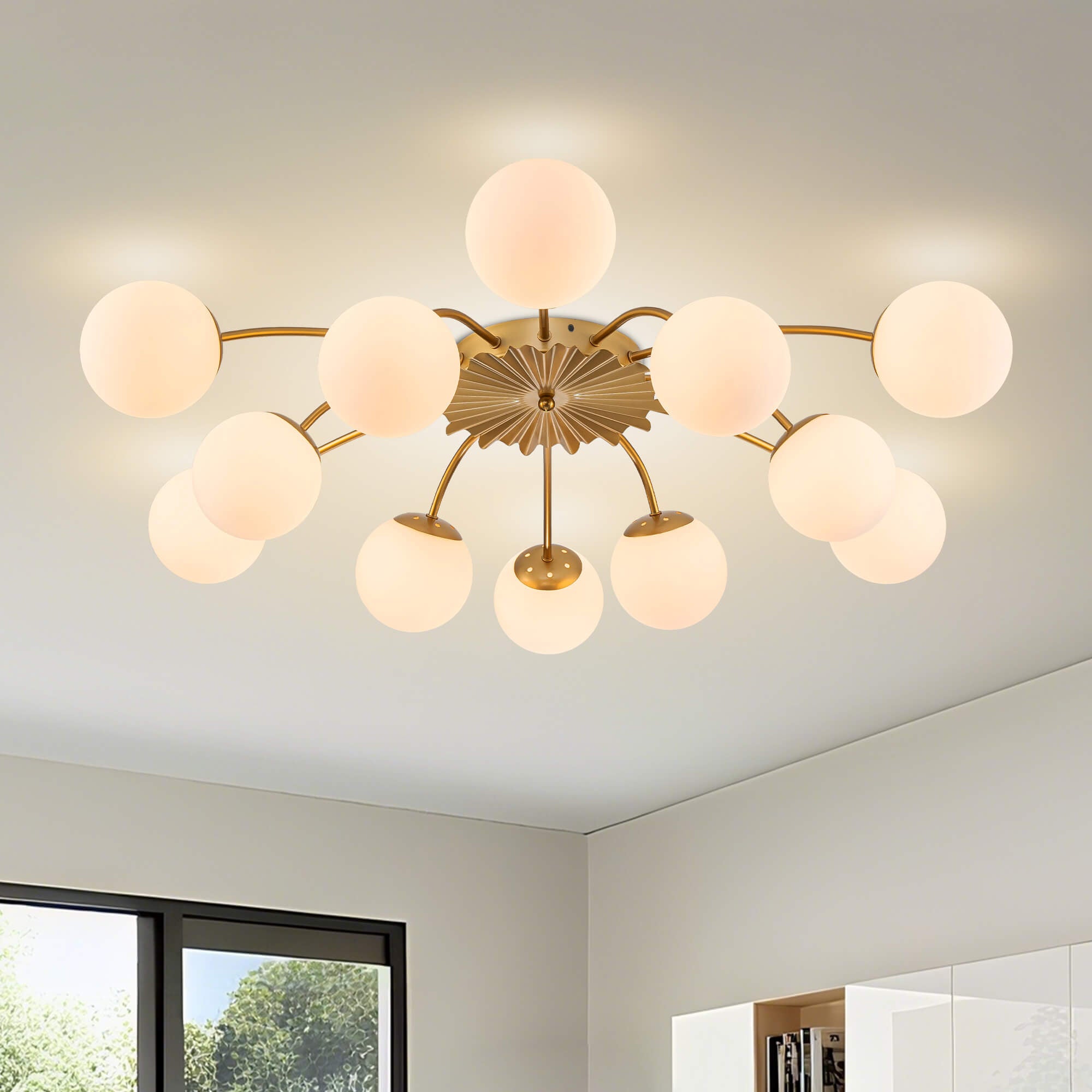 Modern Frosted Glass Bubble Globe Gold Semi-Flush Mount Ceiling Light Fixture - BeyPan