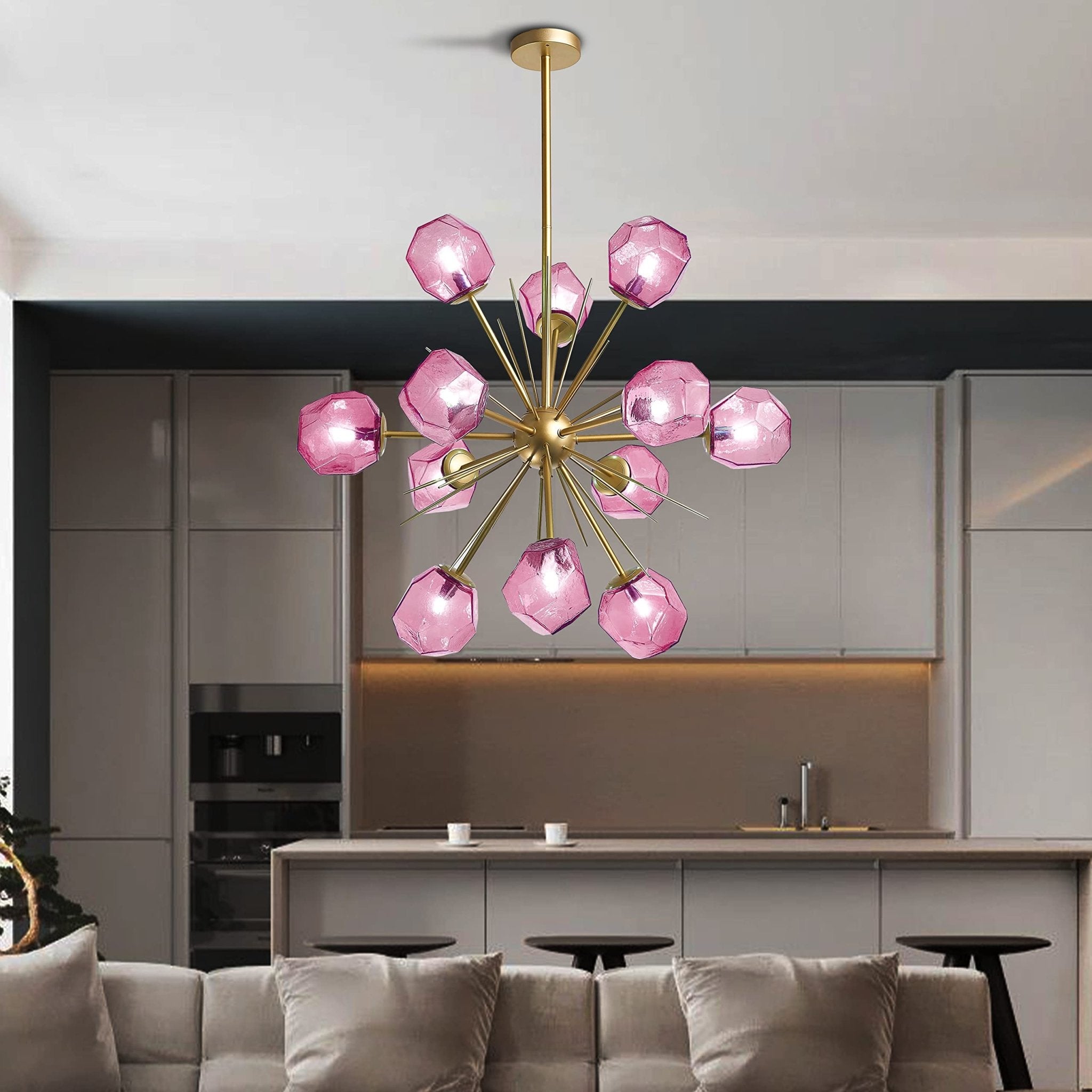 Modern Glass Chandeliers12 Light Pink Murano Art Deco Glass Sputnik Ceiling Light Fixture Gold Pendant Lighting - BeyPan
