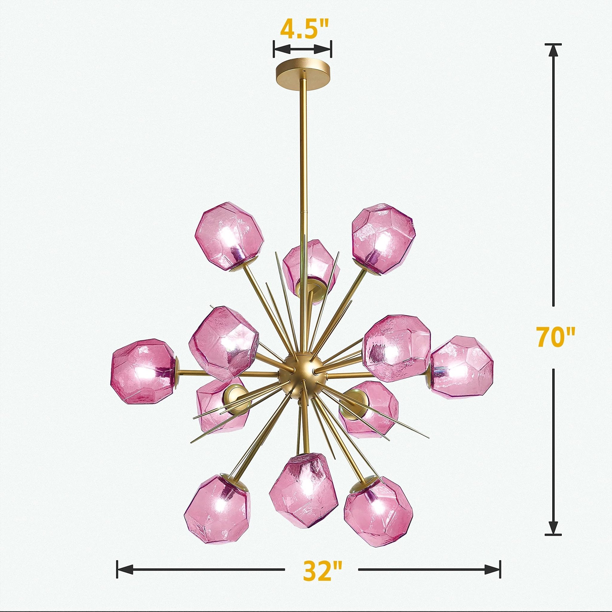 Modern Glass Chandeliers12 Light Pink Murano Art Deco Glass Sputnik Ceiling Light Fixture Gold Pendant Lighting - BeyPan