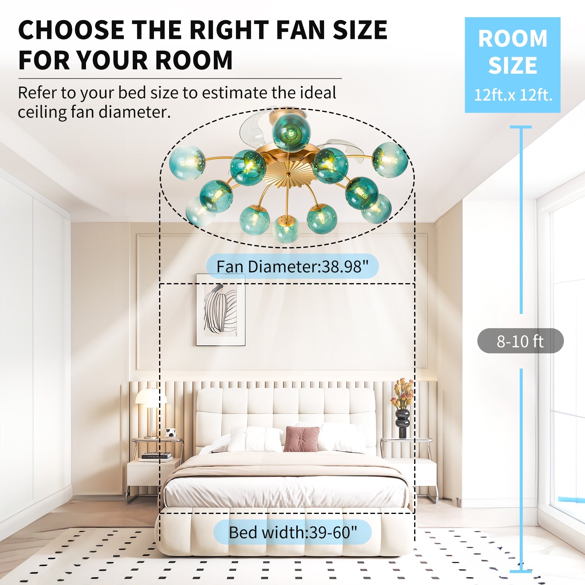 Modern Gold Retractable Ceiling Fan with Blue Glass Globes, 8-Light / 12-Light Flush Mount Fan with Remote - BeyPan