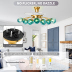 Modern Gold Retractable Ceiling Fan with Blue Glass Globes, 8-Light / 12-Light Flush Mount Fan with Remote - BeyPan