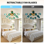 Modern Gold Retractable Ceiling Fan with Blue Glass Globes, 8-Light / 12-Light Flush Mount Fan with Remote - BeyPan