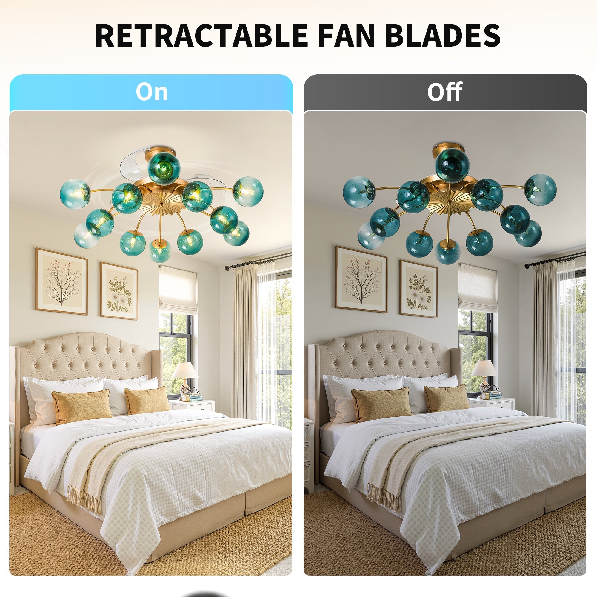 Modern Gold Retractable Ceiling Fan with Blue Glass Globes, 8-Light / 12-Light Flush Mount Fan with Remote - BeyPan