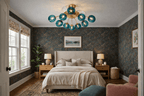 Modern Gold Retractable Ceiling Fan with Blue Glass Globes, 8-Light / 12-Light Flush Mount Fan with Remote - BeyPan