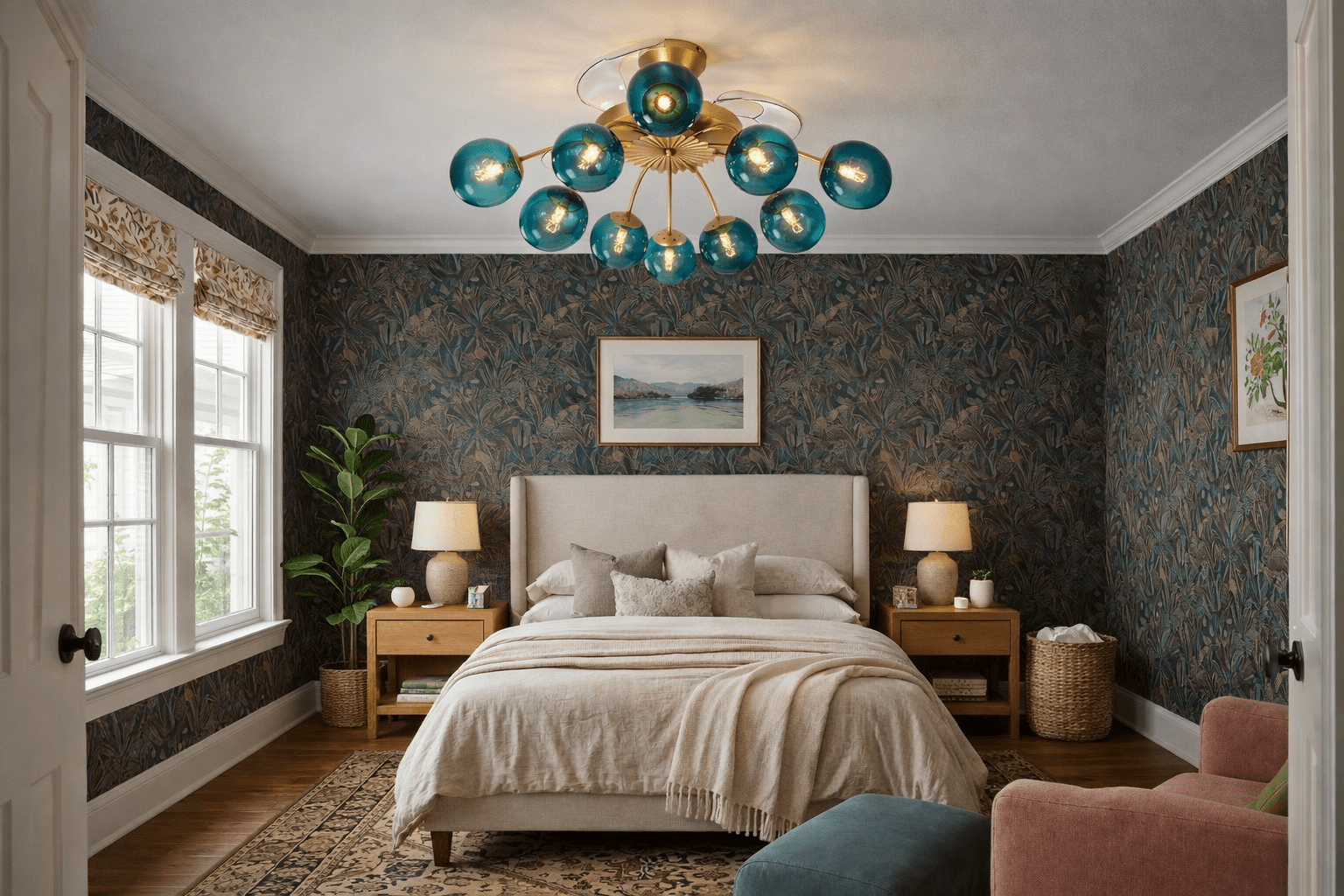 Modern Gold Retractable Ceiling Fan with Blue Glass Globes, 8-Light / 12-Light Flush Mount Fan with Remote - BeyPan