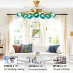 Modern Gold Retractable Ceiling Fan with Blue Glass Globes, 8-Light / 12-Light Flush Mount Fan with Remote - BeyPan