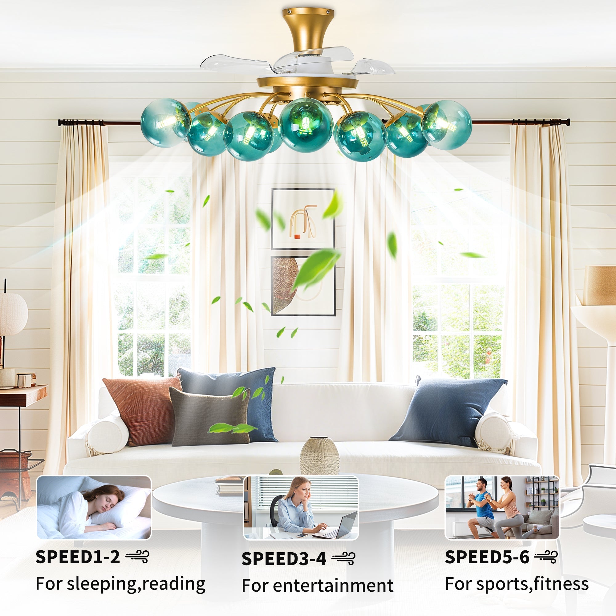 Modern Gold Retractable Ceiling Fan with Blue Glass Globes, 8-Light / 12-Light Flush Mount Fan with Remote - BeyPan