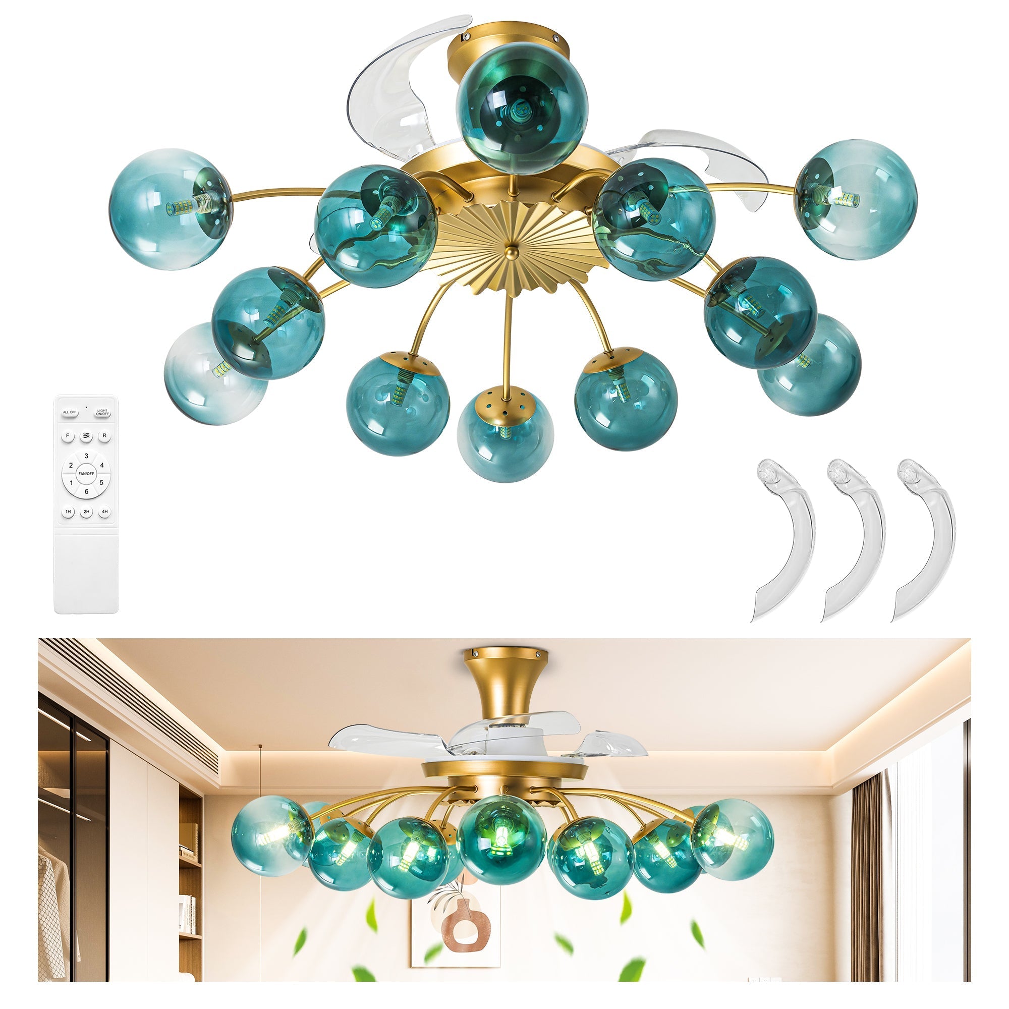 Modern Gold Retractable Ceiling Fan with Blue Glass Globes, 8-Light / 12-Light Flush Mount Fan with Remote - BeyPan