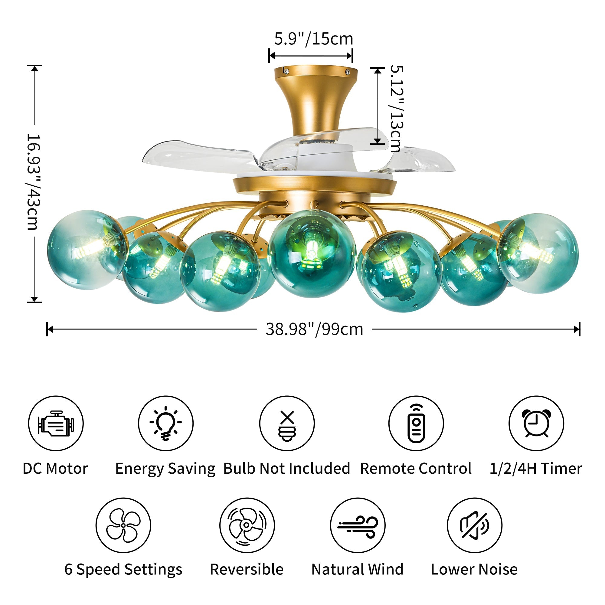 Modern Gold Retractable Ceiling Fan with Blue Glass Globes, 8-Light / 12-Light Flush Mount Fan with Remote Zweitbild