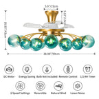Modern Gold Retractable Ceiling Fan with Blue Glass Globes, 8-Light / 12-Light Flush Mount Fan with Remote - BeyPan