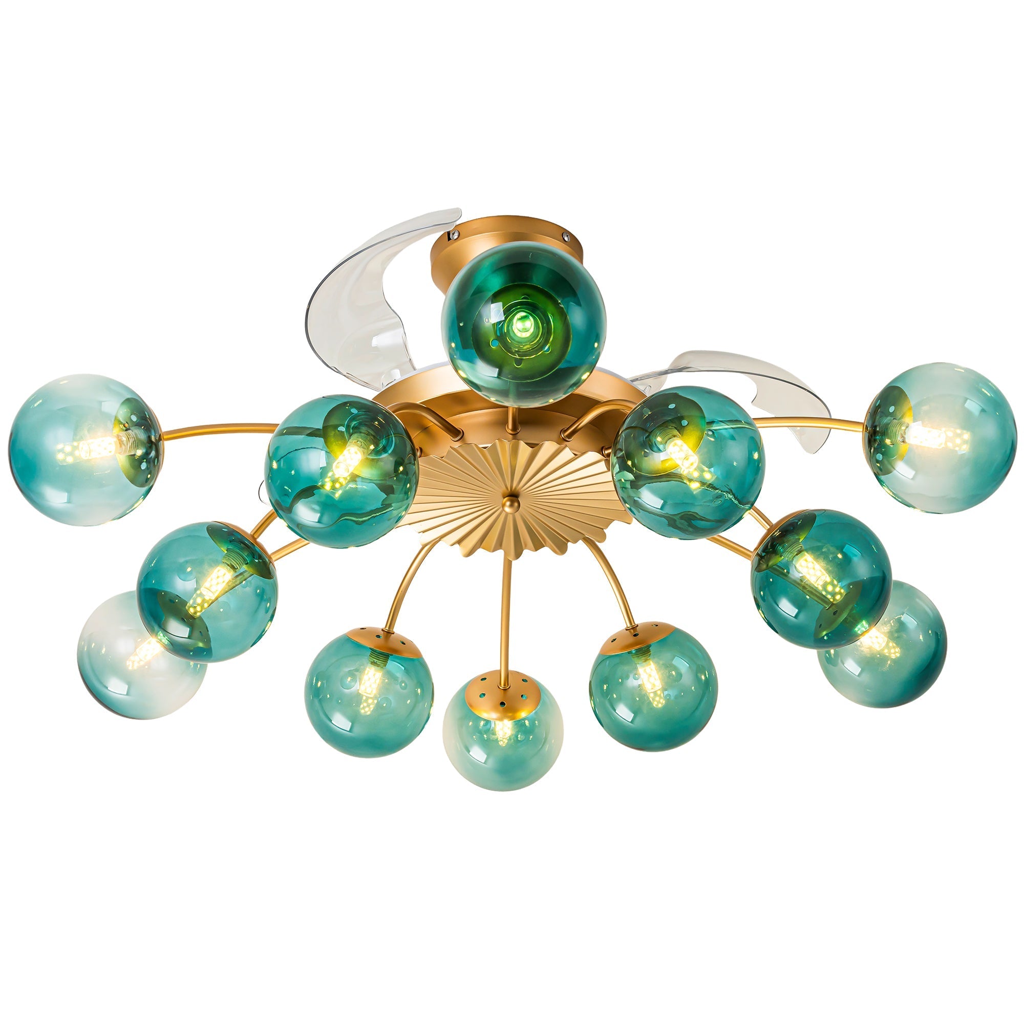 Modern Gold Retractable Ceiling Fan with Blue Glass Globes, 8-Light / 12-Light Flush Mount Fan with Remote - BeyPan Hauptbild