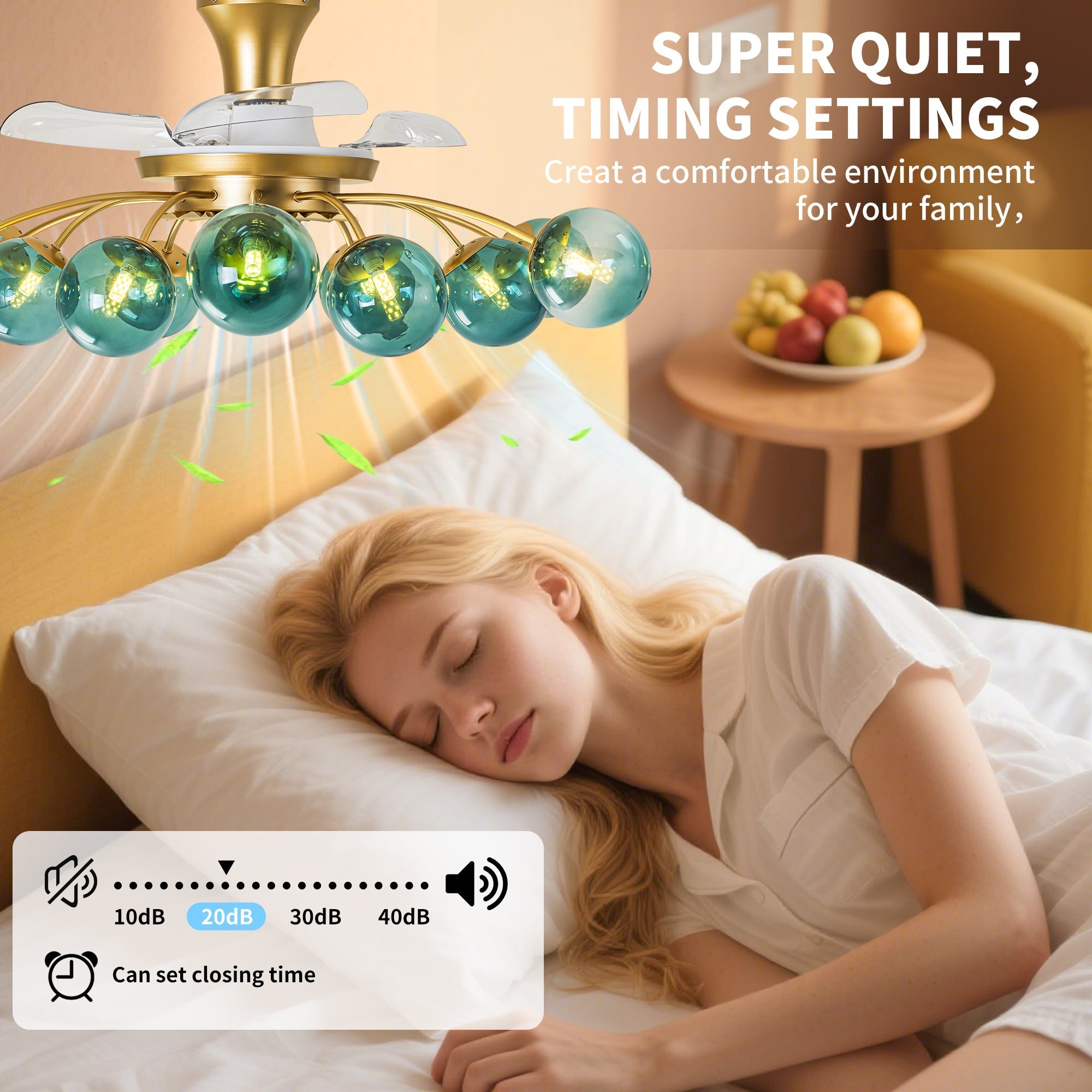 Modern Gold Retractable Ceiling Fan with Blue Glass Globes, 8-Light / 12-Light Flush Mount Fan with Remote - BeyPan