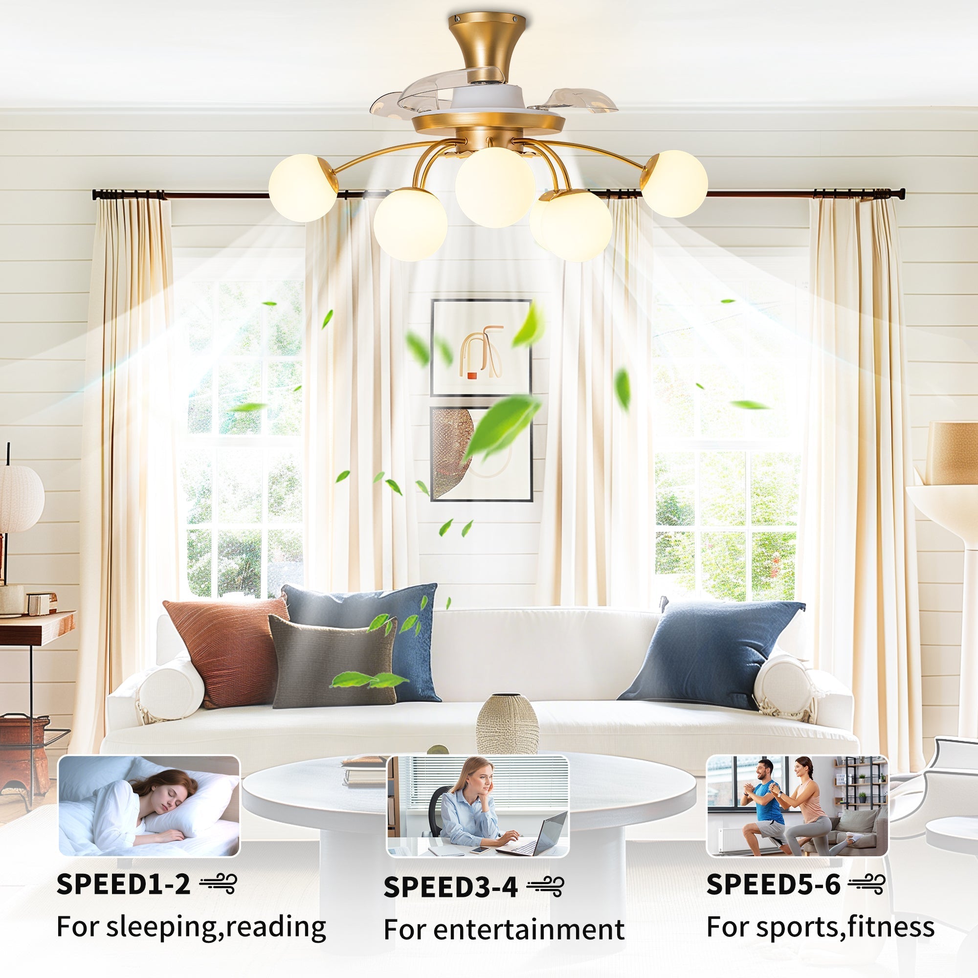 Modern Gold Retractable Ceiling Fan with Lights, 8-Light Flush Mount Fan with Remote - BeyPan